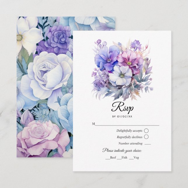 Silver, Icy Blue and Lilac Floral Wedding RSVP Card (Front/Back)