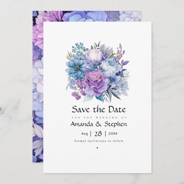 Silver, Icy Blue and Lilac Floral Wedding Save The Date (Front/Back)