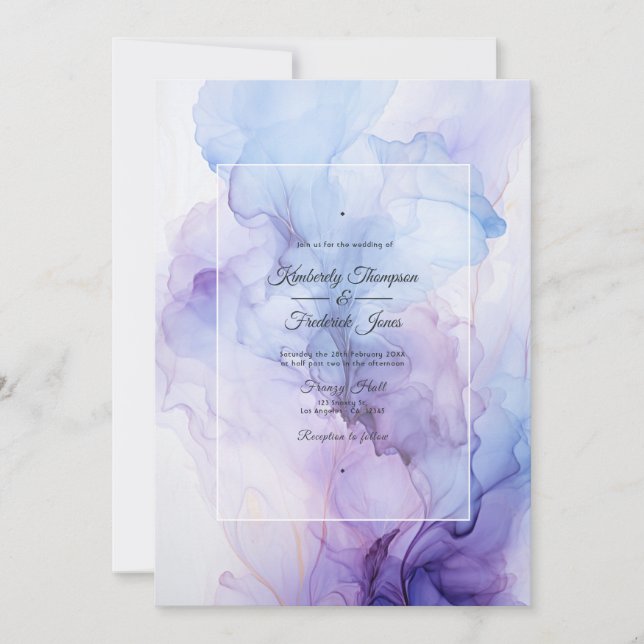 Silver, Icy Blue and Lilac Ink Wedding Invitation (Front)