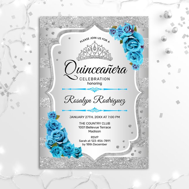 Silver Icy Blue Turquoise Quinceanera Invitation (Creator Uploaded)