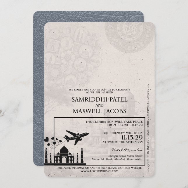 Silver India Passport Wedding Invitation (Front/Back)