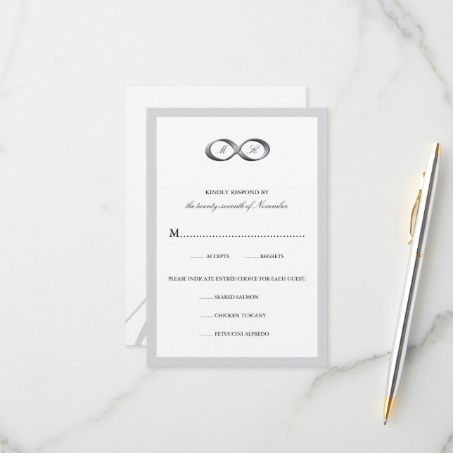 Silver Infinity Hand Clasp Couple Monogram Wedding RSVP Card (Front/Back In Situ)