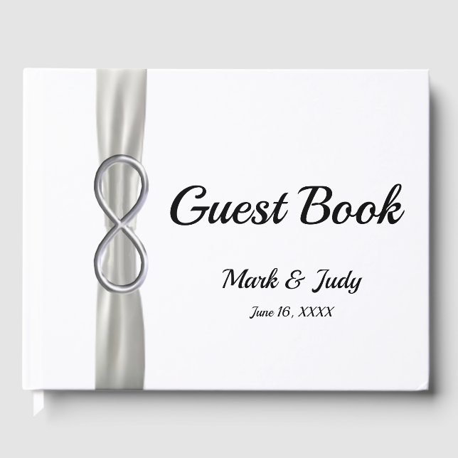 Silver Infinity White Ribbon Wedding Guestbook (Front)
