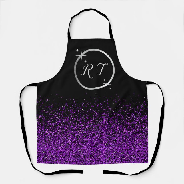 Silver initial monogram with purple glitter | apron (Front)