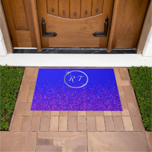 Silver initial monogram with purple glitter   doormat