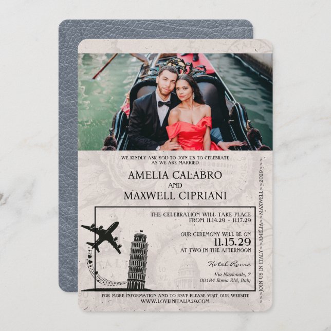 Silver Italy Passport Wedding Invitation (Front/Back)