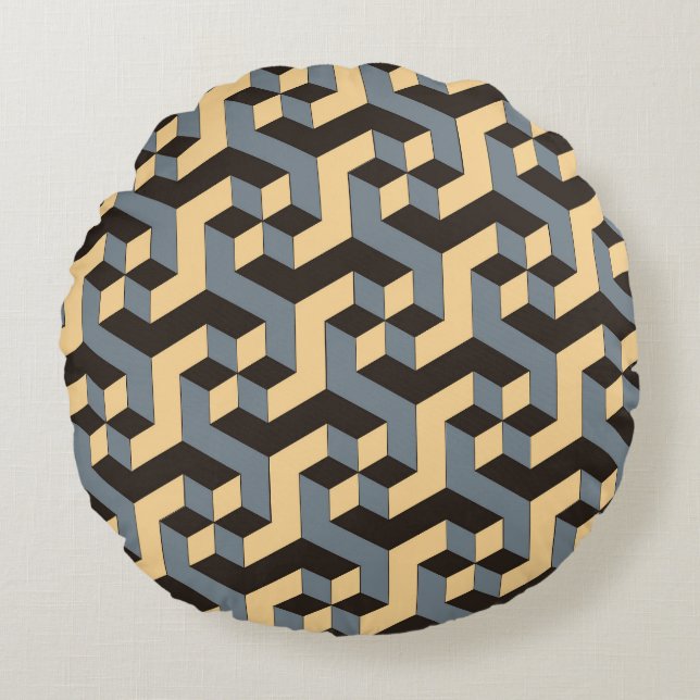 Silver Ivory Geometric Complex Tile Round Cushion (Front)