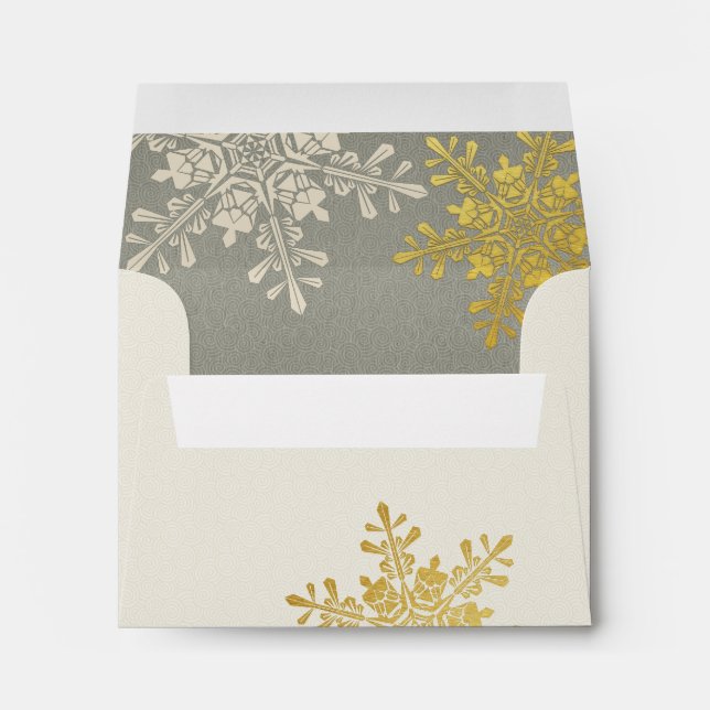 Silver Ivory Gold Snowflake Winter Wedding Envelope (Back (Bottom))