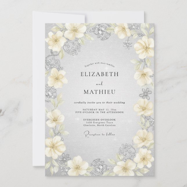 Silver Ivory Ranunculus Eucalyptus Wedding Invitation (Front)