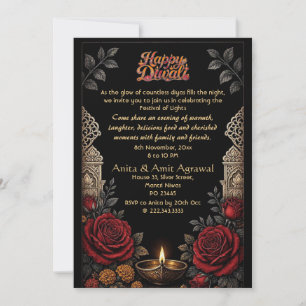 Silver Jaipur Jharokha Deepak Crimson Roses Diwali Invitation