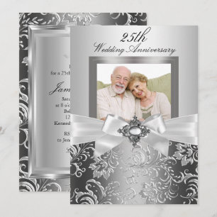 Silver Jewel Bow & Floral 25th Wedding Anniversary Invitation