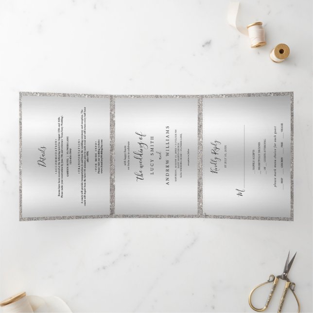 Silver Jeweled Bow & Sequins Wedding Tri-Fold Invitation (Inside)