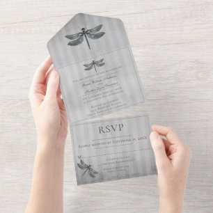 Silver Jewelled Dragonfly Wedding All In One Invitation