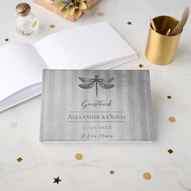 Silver Jewelled Dragonfly Wedding Guest Book (Front Open)