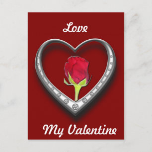 Silver Jewellery Valentine Heart with Red Rose Holiday Postcard