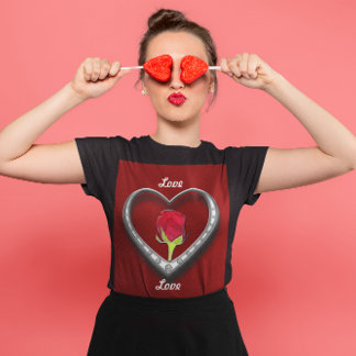 Silver Jewellery Valentine Heart with Red Rose T-Shirt