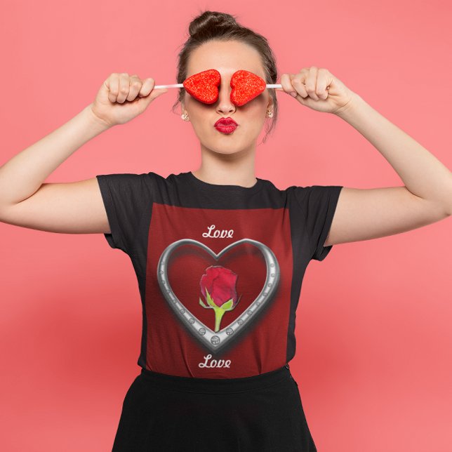 Silver Jewellery Valentine Heart with Red Rose T-Shirt (Silver Jewelry Valentine Heart with Red Rose Womens T-Shirt)