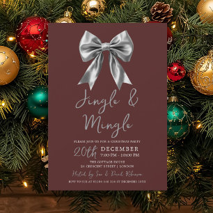 Silver Jingle Mingle Christmas Party Bow Burgundy  Invitation