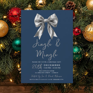 Silver Jingle Mingle Christmas Party Bow Navy Invitation