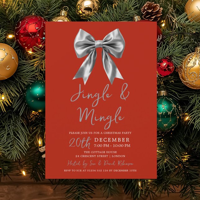 Silver Jingle Mingle Christmas Party Bow Red  Invitation (Silver Jingle Mingle Christmas Party Bow Red Invitation)