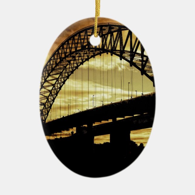 Silver Jubilee Suspension Bridge Silhouette Sunset Ceramic Tree Decoration (Front)
