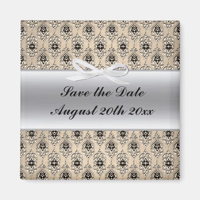 Silver label and damask save the date magnet (Front)