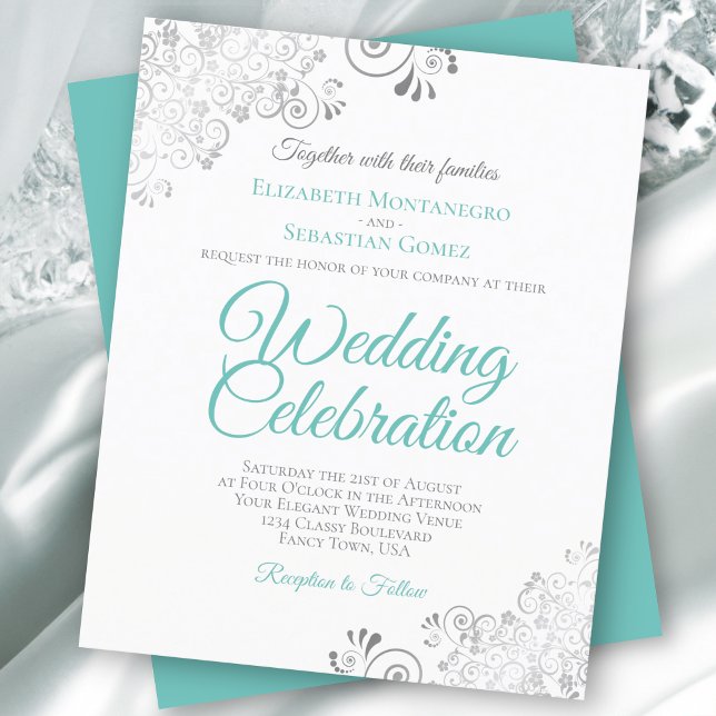 Silver Lace & Aqua BUDGET White Wedding Invitation (Creator Uploaded)