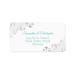 Silver Lace Aqua Teal on White Wedding Address Label