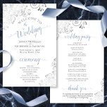 Silver Lace Blue on White Budget Wedding Program<br><div class="desc">These wedding programs are elegant and tasteful, while still being budget friendly. The design features ornate silver gray faux foil lace with dusty blue and gray text on a white background. The typography features lacy script calligraphy, and there is room for details on the ceremony, the bridal party, and a...</div>