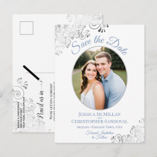 Silver Lace Blue White Wedding Save the Date Photo Announcement Postcard