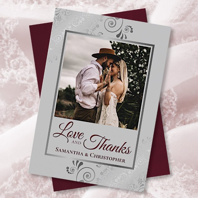 Silver Lace Burgundy & Grey Love & Thanks Wedding Thank You Card (Creator Uploaded)