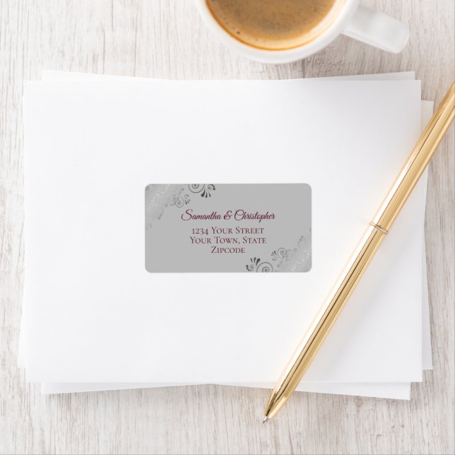 Silver Lace Burgundy on Grey Wedding Address Label (Insitu)