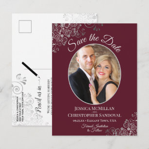 Silver Lace Burgundy Wedding Save the Date Photo Announcement Postcard