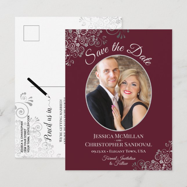 Silver Lace Burgundy Wedding Save the Date Photo Announcement Postcard (Front/Back)