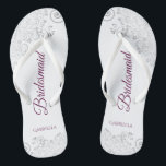 Silver Lace Cassis on White Bridesmaid Wedding Jandals<br><div class="desc">These elegant wedding flip flops are a great way to thank and recognise your bridesmaids, while giving their feet a rest after a long day. The beautiful design features an elegant design with silver grey lace frills on a white background and fancy cassis purple, magenta, or berry coloured script lettering....</div>