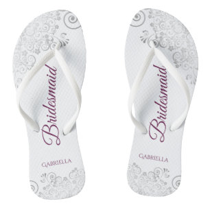 Silver Lace Cassis on White Bridesmaid Wedding Jandals