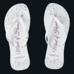 Silver Lace Cassis on White Maid of Honour Wedding Jandals<br><div class="desc">These beautiful wedding flip flops are a great way to thank and recognise your Maid of Honour while saving her feet at the same time. Features an elegant design with silver grey lace on a white background and fancy cassis purple, magenta, or berry coloured script lettering. The test reads Maid...</div>