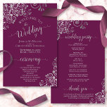 Silver Lace & Cassis Purple Budget Wedding Program<br><div class="desc">These wedding programs are elegant and tasteful, while still being budget friendly. The design features ornate silver grey faux foil lace with pale grey text on a cassis purple, magenta, or berry coloured background. The typography features lacy script calligraphy, and there is room for details on the ceremony, the bridal...</div>