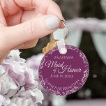 Silver Lace Cassis Purple Maid of Honour Wedding Key Ring<br><div class="desc">These beautiful keychains are designed to be given as a gift or wedding favour to your maid of honour. The elegant design features a frilly silver grey faux foil border with pale grey text on a cassis purple, magenta, or berry coloured background. There is space for her name, the wedding...</div>