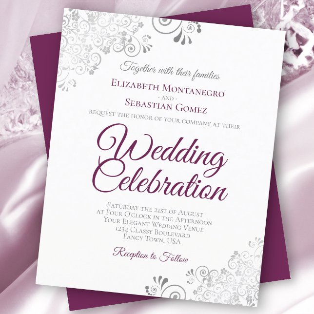 Silver Lace Cassis White Budget Wedding Invitation (Creator Uploaded)