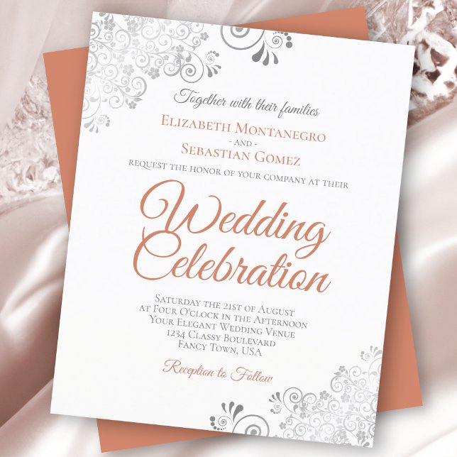 Silver Lace Coral Budget White Wedding Invitation (Creator Uploaded)