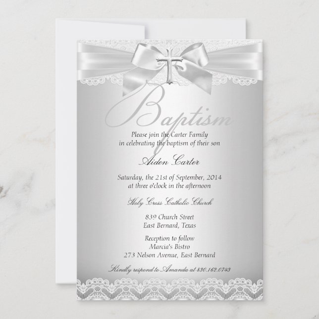 Silver Lace & Cross Baptism Boy or Girl 2 Invitation (Front)