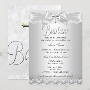 Silver Lace & Cross Baptism Boy or Girl Invitation