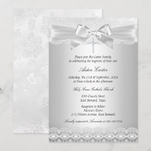 Silver Lace & Cross Baptism Invite