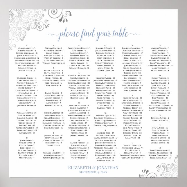 Silver Lace Dusty Blue Alphabetical Seating Chart (Front)