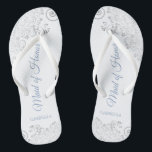 Silver Lace & Dusty Blue Maid of Honour Wedding Jandals<br><div class="desc">These beautiful wedding flip flops are a great way to thank and recognise your Maid of Honour while saving her feet at the same time. Features an elegant design with silver grey lace on a white background and fancy dusty blue script lettering. The test reads Maid of Honour with her...</div>
