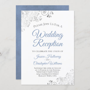 Silver Lace Dusty Blue on White Wedding Reception Invitation