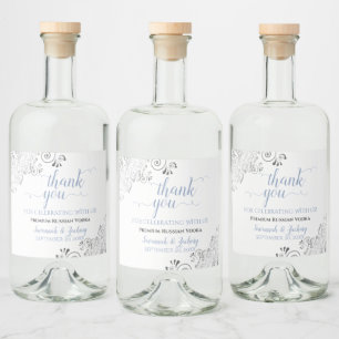 Silver Lace Dusty Blue on White Wedding Thank You Liquor Bottle Label