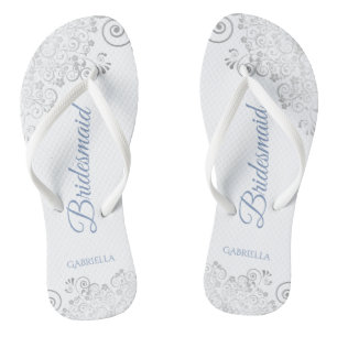 Silver Lace & Dusty Blue Script Bridesmaid Wedding Jandals
