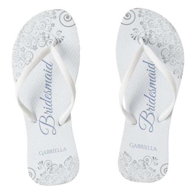 Silver Lace & Dusty Blue Script Bridesmaid Wedding Jandals (Footbed)